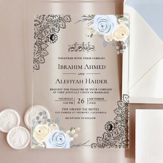 Invitations En Acrylique Rustic Cream Soft Blue Floral Lace Muslim Wedding