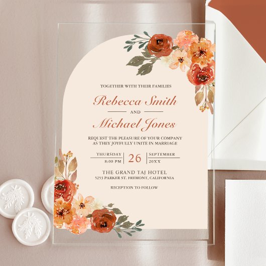 Invitations En Acrylique Rustic Earthy Burnt Orange Floral Arch Wedding
