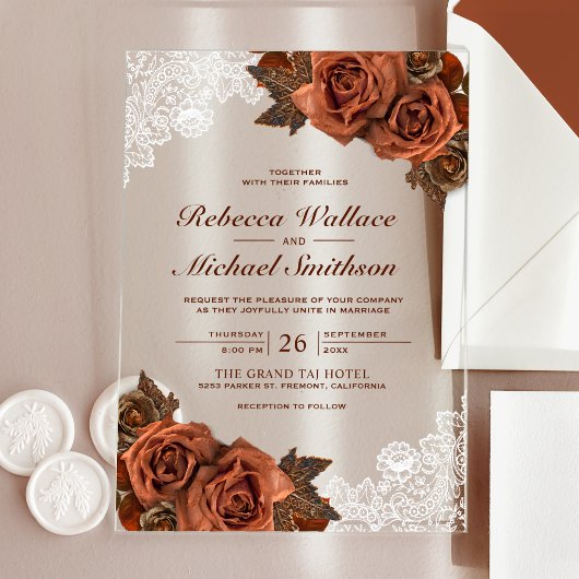 Invitations En Acrylique Rustic Earthy Dusty Terracotta Rose Lace Wedding