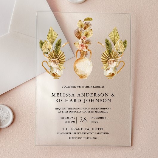 Invitations En Acrylique Rustic Earthy Floral Pots Dried Boho Palm Wedding