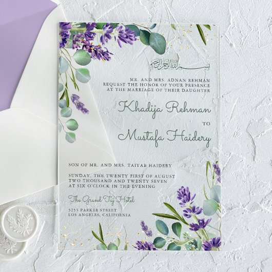 Invitations En Acrylique Rustic Eucalyptus Lavender Floral Islamic Wedding