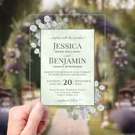 Invitations En Acrylique Rustic Eucalyptus & Lavender Stylish Text Wedding