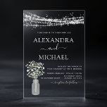 Invitations En Acrylique Rustic Farmhouse Baby's Breath Jar Mariage<br><div class="desc">Rustic Farmhouse String Lights et Jar of Baby's Breath Wedding Invitations on Wood arrière - plan - comprend une belle et élégante typographie de script avec la ferme Country Farm House Sparkle moderne pour la célébration spéciale de mariage.</div>