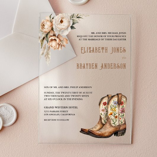 Invitations En Acrylique Rustic Floral Western Cowboy Boots Wedding