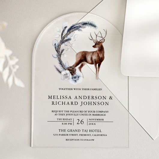 Invitations En Acrylique Rustic Frosted Pine Leaves Forest Deer Wedding