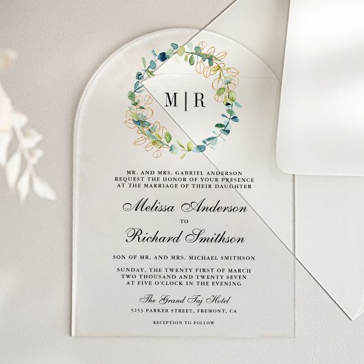 Invitations En Acrylique Rustic Gold Eucalyptus Wreath Wedding