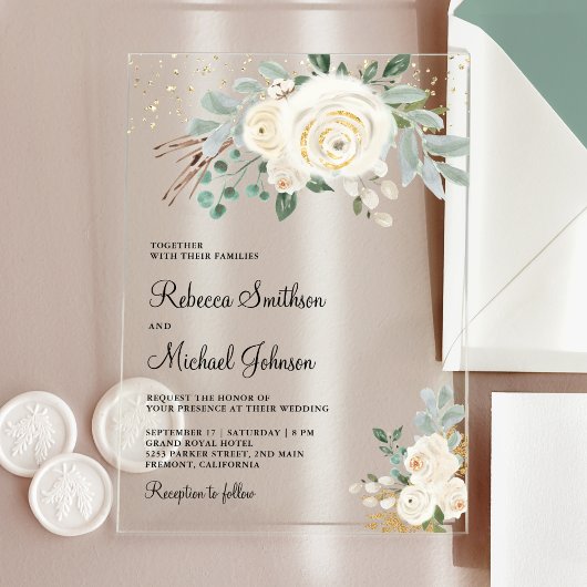 Invitations En Acrylique Rustic Gold Ivory Floral Wedding