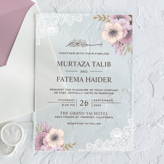 Invitations En Acrylique Rustic Lace Pink Floral Islamic Wedding