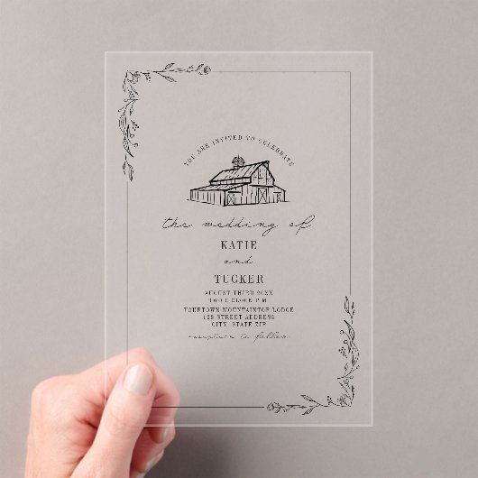 Invitations En Acrylique Rustic Line Art Grange Mariage botanique (In situ (ordinateur de poche))