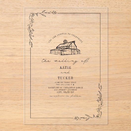 Invitations En Acrylique Rustic Line Art Grange Mariage botanique (Recto)