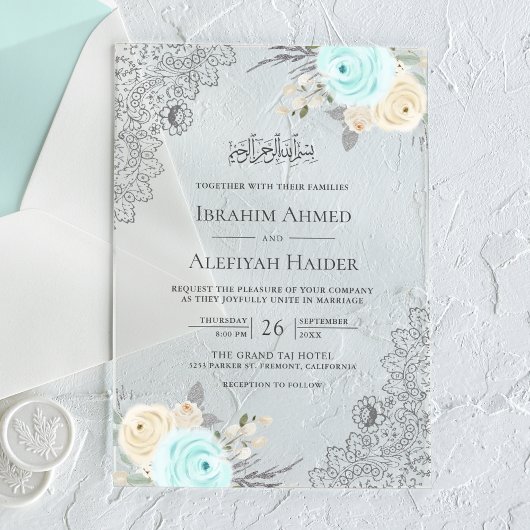 Invitations En Acrylique Rustic Mint Green Floral Lace Muslim Wedding