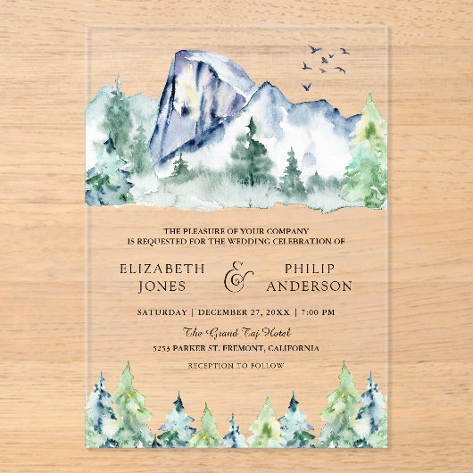 Invitations En Acrylique Rustic Mountain Pine Trees Forest Wedding (Recto)