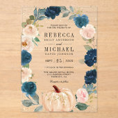 Invitations En Acrylique Rustic Navy Blue and Peach Floral Pumpkin Wedding (Recto)
