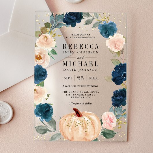 Invitations En Acrylique Rustic Navy Blue and Peach Floral Pumpkin Wedding