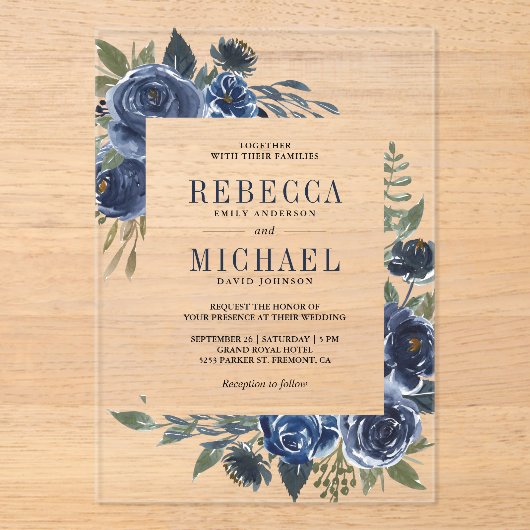 Invitations En Acrylique Rustic Navy Blue Floral Wedding (Recto)