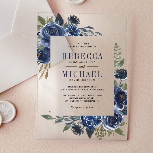 Invitations En Acrylique Rustic Navy Blue Floral Wedding