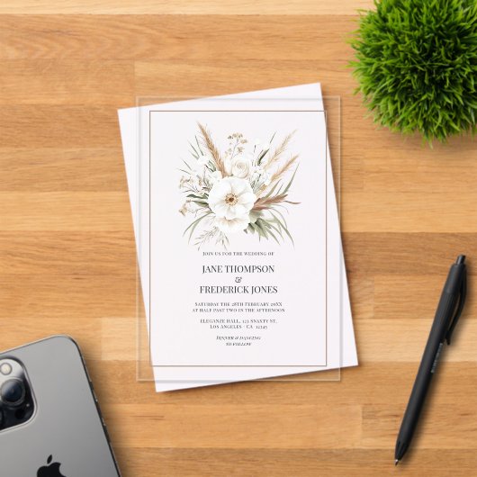 Invitations En Acrylique Rustic Pampas Grass White Floral Bohemian Wedding (Insitu (Carte d'invitation))