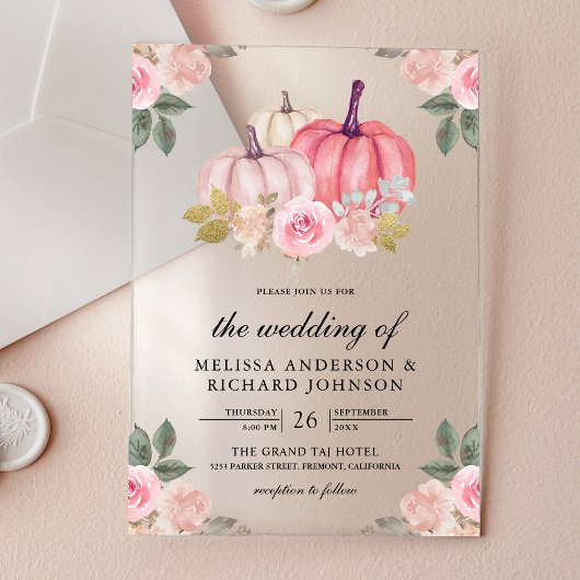 Invitations En Acrylique Rustic Pink and Gold Pumpkin Floral Wedding