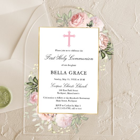 Invitations En Acrylique Rustic Pink Rose Floral First Holy Communion