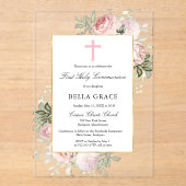 Invitations En Acrylique Rustic Pink Rose Floral First Holy Communion (Recto)