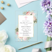 Invitations En Acrylique Rustic Pink Rose Floral First Holy Communion (Insitu (Mariage))