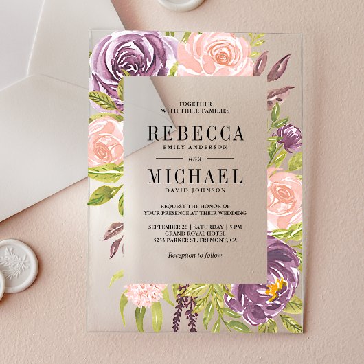 Invitations En Acrylique Rustic Purple Blush Pink Floral Wedding