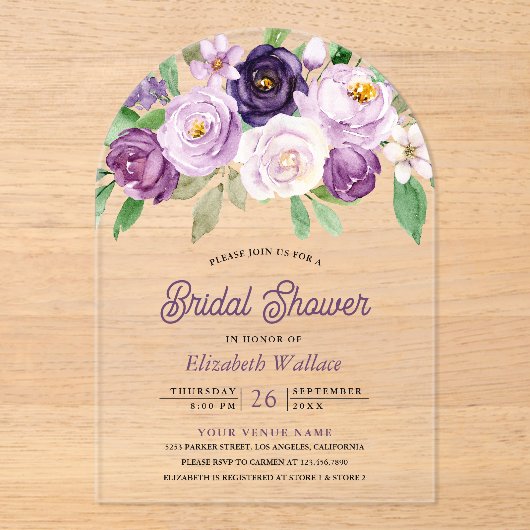 Invitations En Acrylique Rustic Purple Floral Bridal Shower (Recto)