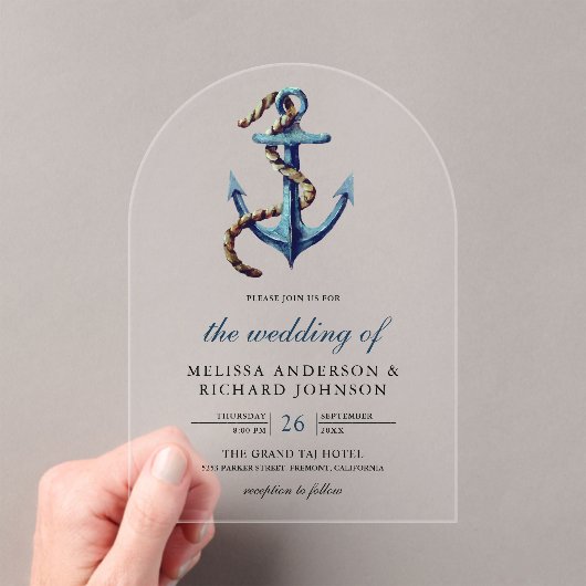 Invitations En Acrylique Rustic Rope Navy Blue Anchor Nautical Wedding (In situ (ordinateur de poche))