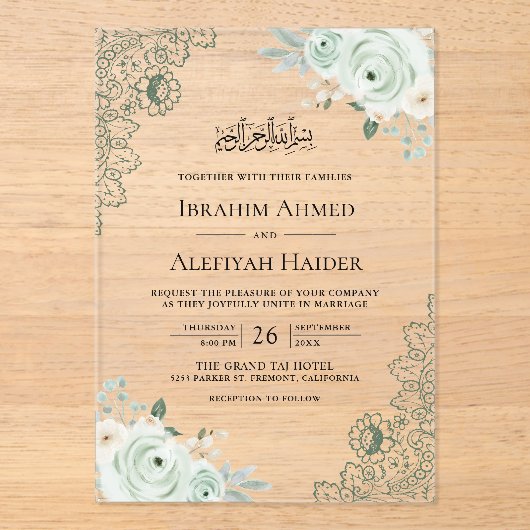 Invitations En Acrylique Rustic Sage Green Floral Lace Muslim Wedding (Recto)