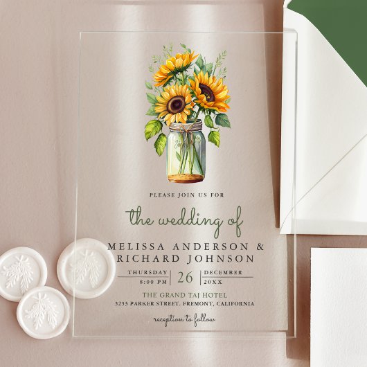 Invitations En Acrylique Rustic Sunflowers Mason Jar Wedding