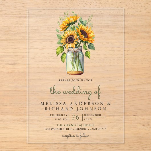 Invitations En Acrylique Rustic Sunflowers Mason Jar Wedding (Recto)