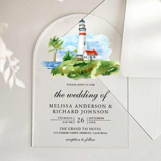 Invitations En Acrylique Rustic Watercolor Lighthouse Nautical Wedding