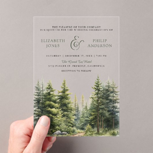 Invitations En Acrylique Rustic Winter Pine Trees Forest Wedding (In situ (ordinateur de poche))