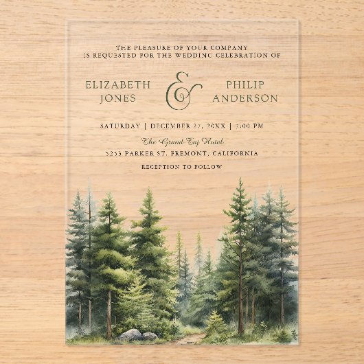 Invitations En Acrylique Rustic Winter Pine Trees Forest Wedding (Recto)