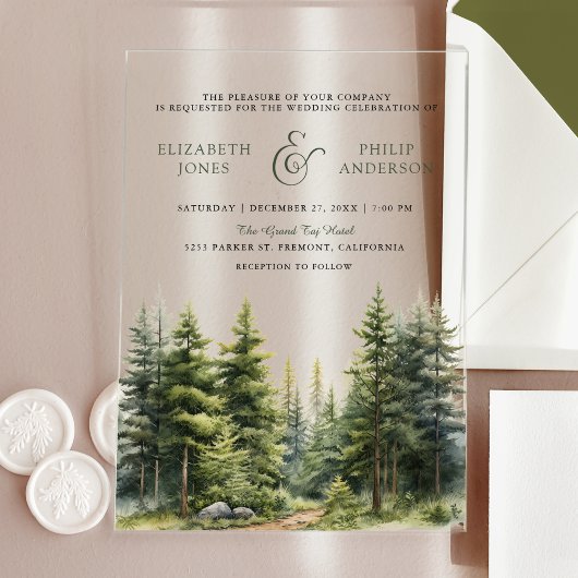 Invitations En Acrylique Rustic Winter Pine Trees Forest Wedding