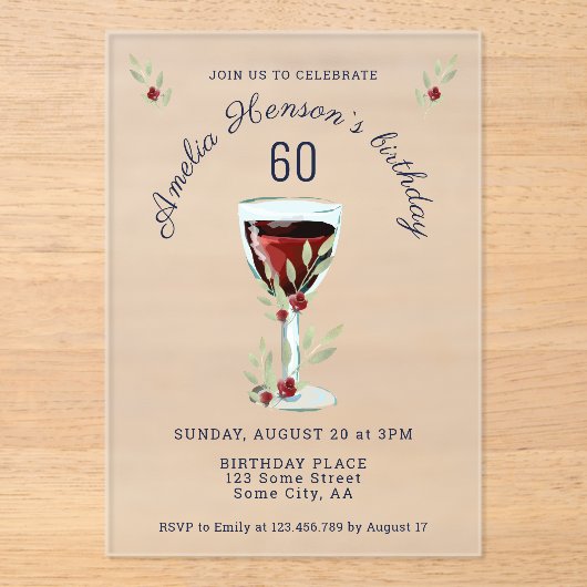 Invitations En Acrylique Rustique 60e anniversaire Vin rouge Anniversaire (Recto)