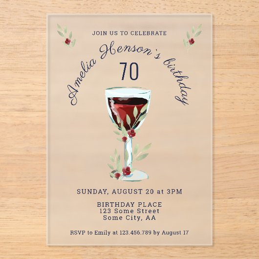 Invitations En Acrylique Rustique 70e anniversaire Verre rouge Anniversaire (Recto)