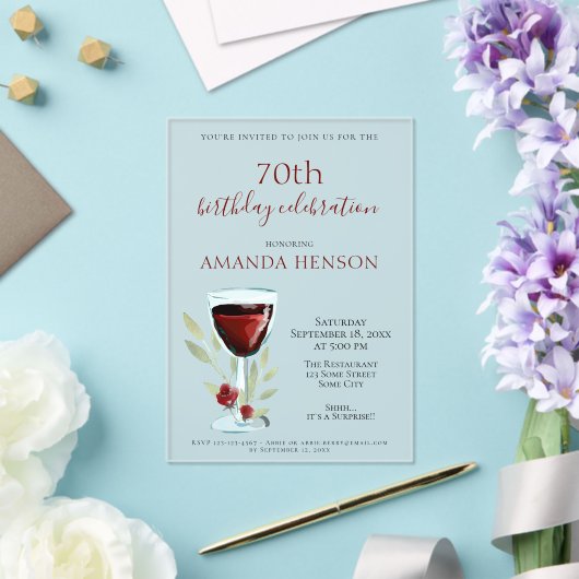 Invitations En Acrylique Rustique 70e anniversaire Vin rouge Surprise Anniv (Insitu (Mariage))