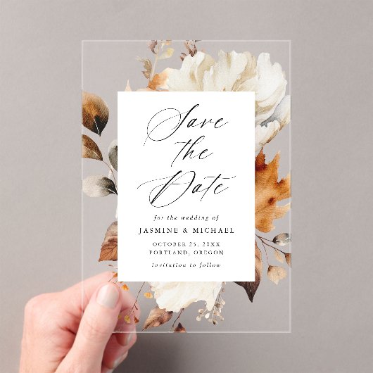 Invitations En Acrylique Rustique Automne Floral Frame Mariage Enregistrer (In situ (ordinateur de poche))