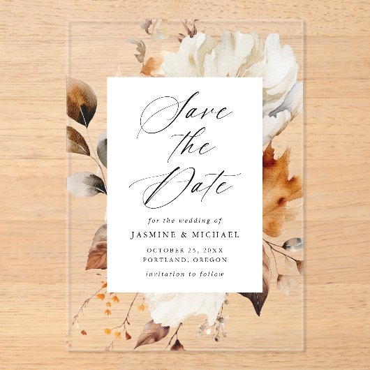 Invitations En Acrylique Rustique Automne Floral Frame Mariage Enregistrer  (Recto)