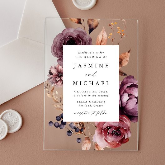 Invitations En Acrylique Rustique Automne Marsala Floral Frame Mariage