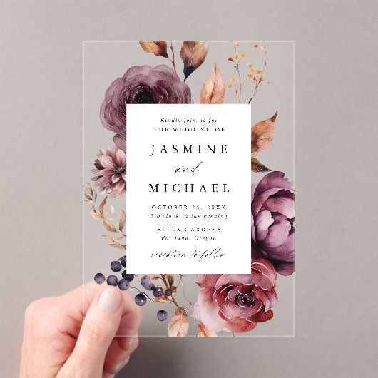 Invitations En Acrylique Rustique Automne Marsala Floral Frame Mariage (In situ (ordinateur de poche))