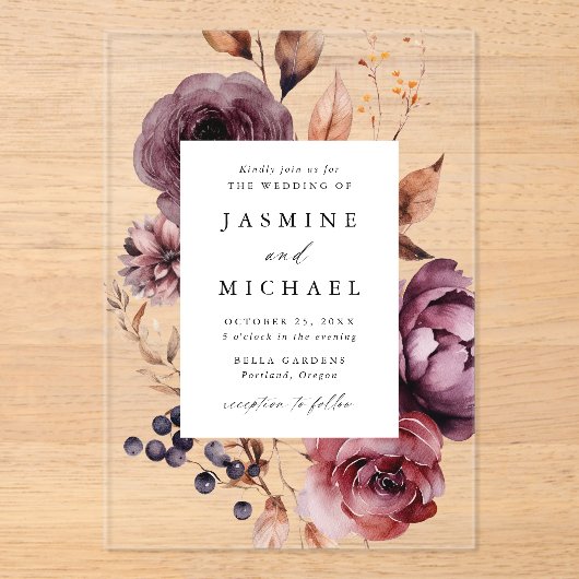Invitations En Acrylique Rustique Automne Marsala Floral Frame Mariage (Recto)
