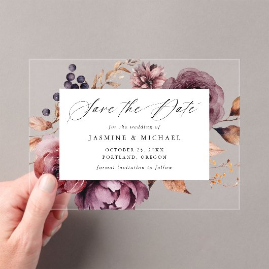 Invitations En Acrylique Rustique Automne Marsala Mariage floral Enregistre (In situ (ordinateur de poche))