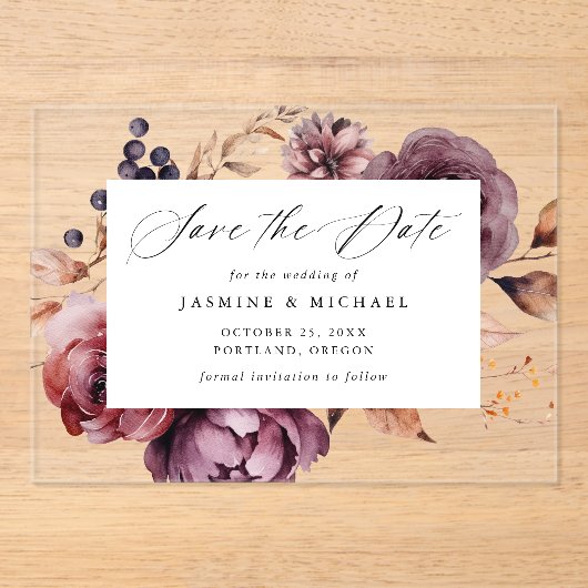 Invitations En Acrylique Rustique Automne Marsala Mariage floral Enregistre (Recto)