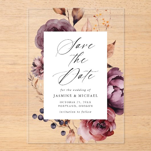 Invitations En Acrylique Rustique Automne Marsala Mariage floral Enregistre (Recto)