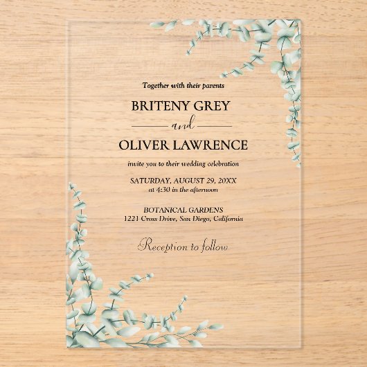 Invitations En Acrylique Rustique Botanique Eucalyptus Mariage de verdure (Recto)