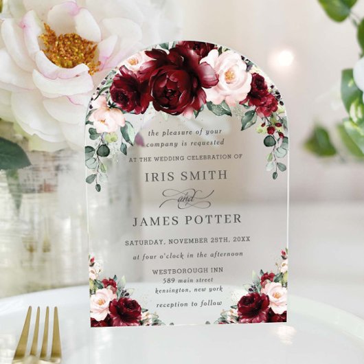 Invitations En Acrylique Rustique Bourgogne Blush Floral Rose Arch Mariage