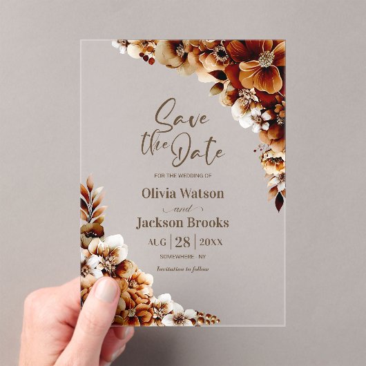 Invitations En Acrylique Rustique Burnt Orange Floral Wedding Enregistrer l (In situ (ordinateur de poche))