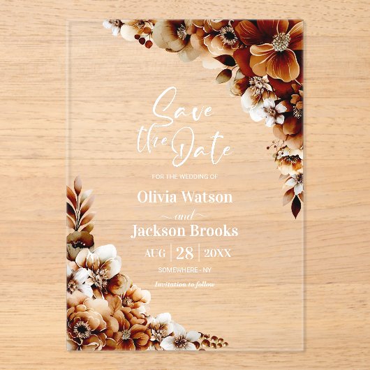 Invitations En Acrylique Rustique Burnt Orange Floral Wedding Enregistrer l (Recto)